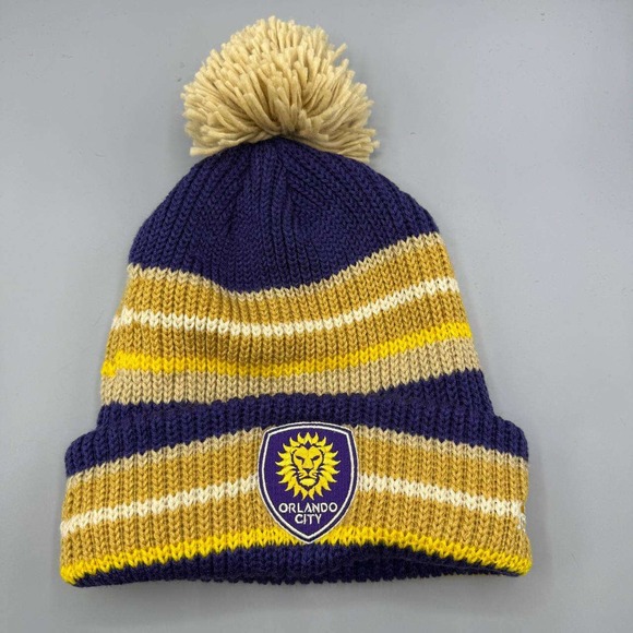 Orlando City Hat Men‎ Yellow Purple Adidas MLS Cuffed Beanie Pom Pom Cap New - Picture 1 of 5